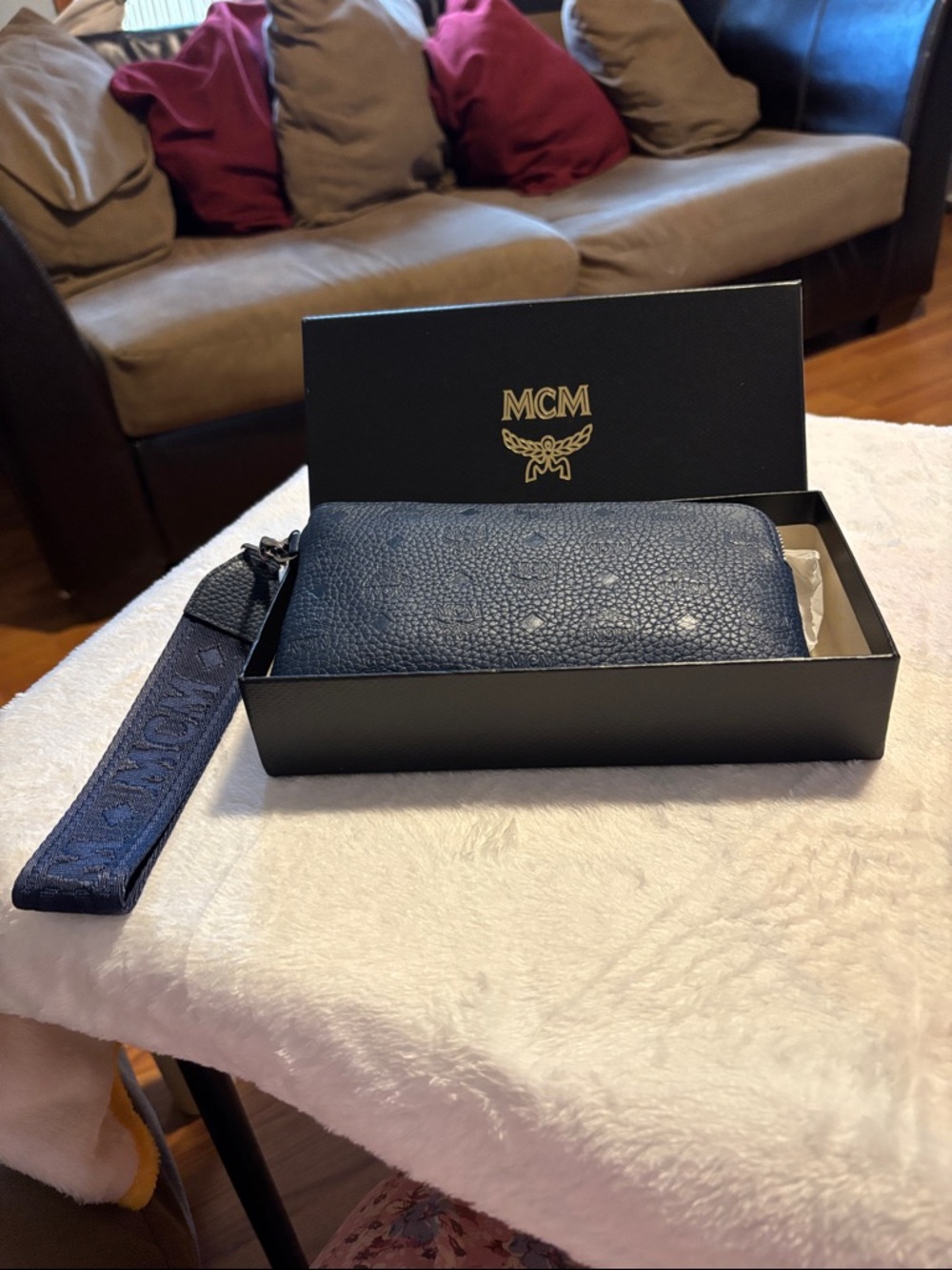 MCM Navy Embossed Leather Zip Wallet with Wristlet Strap